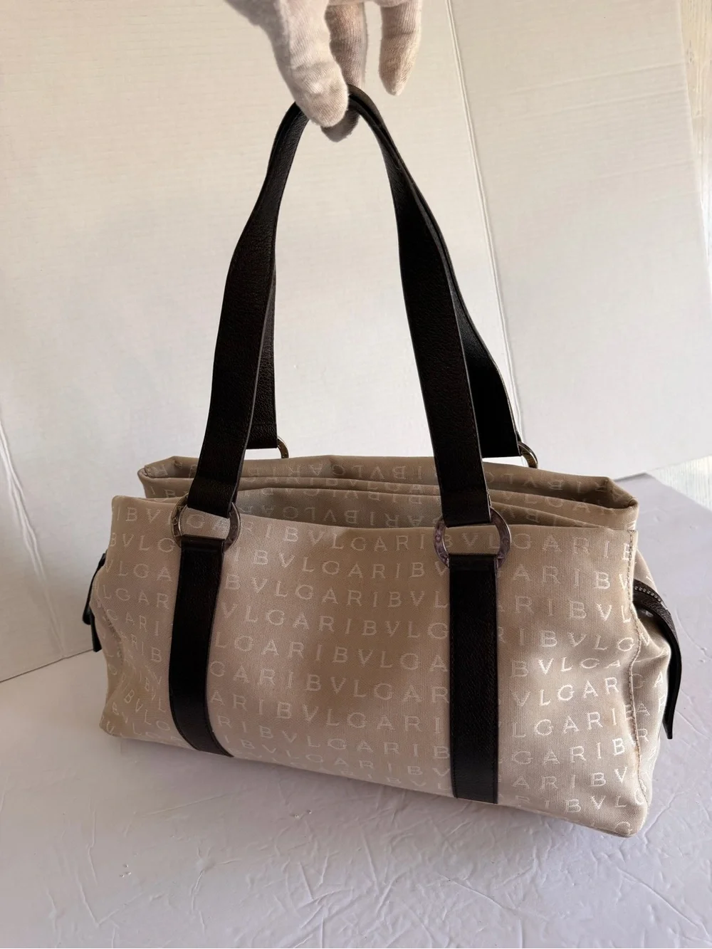 Bulgari Beige Logo Shoulder Bag with Brown Trim and Lilac Interior
